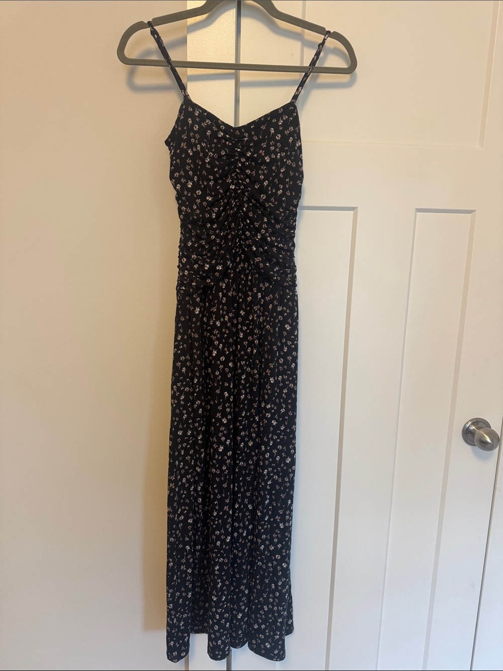 Z Supply Black Floral Ruched Spaghetti Strap Maxi Dress